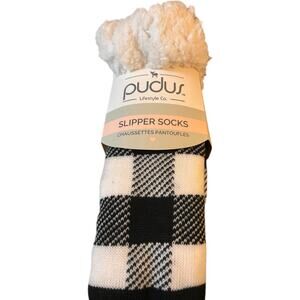 Pudus Extra Fuzzy Plush Non Slip Slipper Socks, Black Plaid, NWT